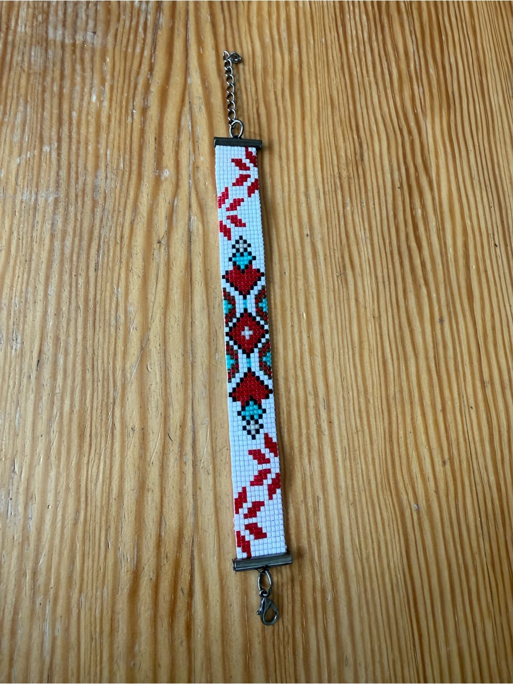 Handcrafted Red & Turquoise Beaded Bracelet - Kahnawake pow wow